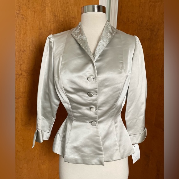 esther pomerantz Jackets & Blazers - Vintage Silk Beaded Button Long Sleeve Blazer Esther Pomerantz Blue Silver Small
